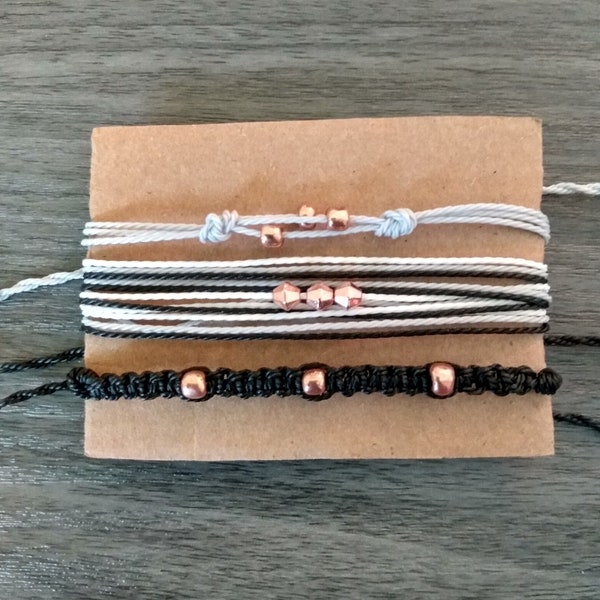 Rose Gold Beaded Waxed String Bracelet Pack | Light Gray White Black Bracelets | Wax Cord Bracelet Stack | Square Knot Stackable Bracelets