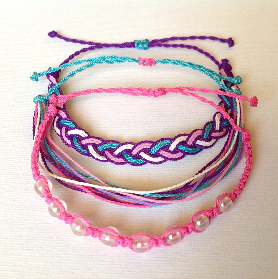 Beaded Waxed String Bracelet Pack | Pink Purple Teal - Etsy