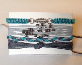 Feather Charm Bracelet Pack | Teal Gray Bracelet Stack | Macrame Beaded Bracelets | Braided Waxed String Bracelets | Wax Cord Bracelets