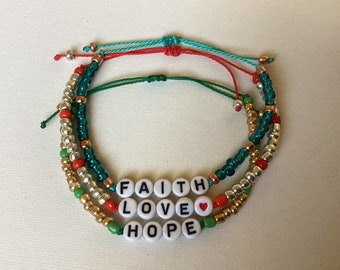 Faith Love Hope Bracelets | Inspirational Word Waxed String Bracelets | Beaded Wax Cord Bracelets