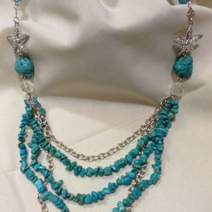 Vintage Santo Domingo Large TURQUOISE Stones Beaded Multi Strand Drape Silver Chains Necklace, Southwest Necklace 465-82