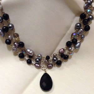 Vintage Baroque Platinum Black Pearl Beaded Torsade Multi Strand Drop Necklace, Crystal Necklace, Real Pearl Necklace 4099-7
