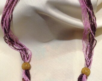 Vintage Art Deco Pink and Purple Multi Strand CROCHET Chenille Beaded Flapper Brass Necklace A1794-3