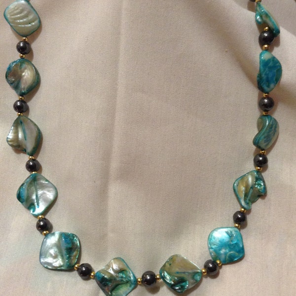 Vintage Art Deco BLUE Keshi Blister Parels Hematite Stenen Kralen Ketting A1725-8