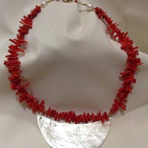 Vintage 14k GF Large CARVED White Abalone Beaded Bib Necklace, Baroque Pearls Red Branch Coral Necklace 465-121
