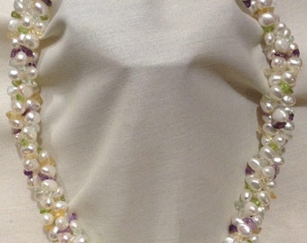 Vintage 14k Gold Freshwater Baroque Pearls Multi GemStone Beaded Torsade Necklace D771-1