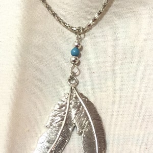 Vintage Large Silver Feathers Turquoise Bead Drop Pendant Chain Necklace, Southwest Necklace, Bohemian Necklace 9950-114