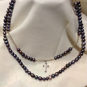 Vintage 925 Amethyst Cross Black Platinum Peacock Pearl Beaded Drop Dual Necklace, Religious Necklace, Real Pearls, 6060-8