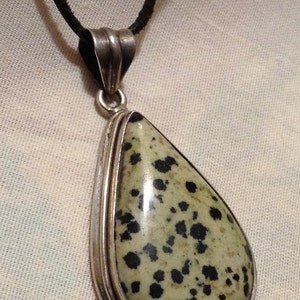 Vintage 925 Large Dalmatian Jasper Stone 2.25&quot; Vermeil Pendant Lariat Necklace, Gemstone Pendant, Gemstone Necklace, Sterling Pendant 1500