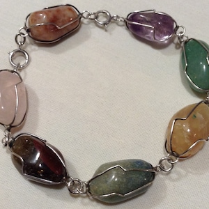 Vintage 925 Chinese Icy Jadeite Jade Tumbled Multi Stones Beaded Chainmaille Chunky  Bracelet 465-16