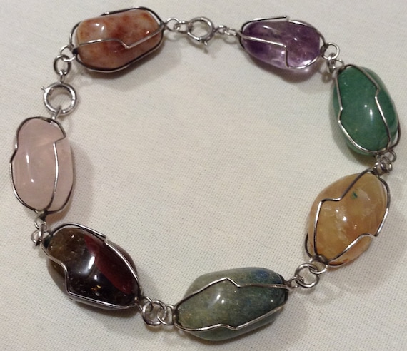 Vintage 925 Chinese Icy Jadeite Jade Tumbled Mult… - image 1