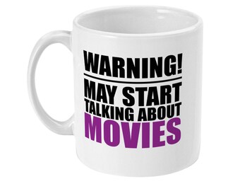 Taza de amante del cine, advertencia puede comenzar a hablar de películas, taza de película, regalo de película, regalo para él, regalo para ella, regalo para un amigo