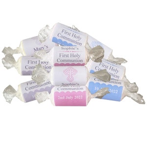 Personalised First Holy Communion Party Favours Love Heart Sweets Pink, Blue or Grey