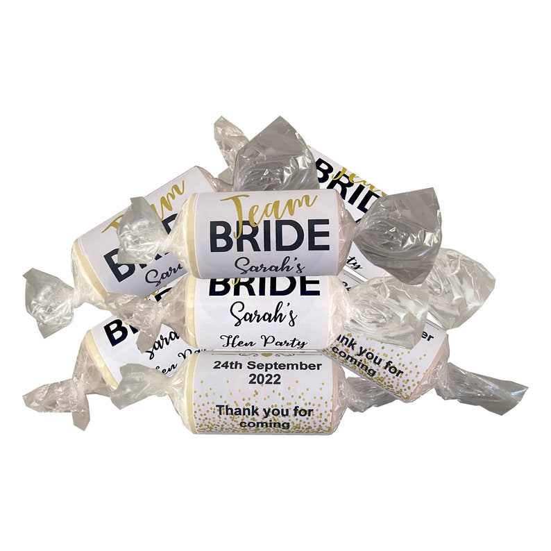 Personalised Team Bride Hen Night Hen Party Hen Weekend Bridal Shower Hen Do Party Bag Favours, Sweets, Girls Night Out Table Decorations Thank you Gift.  Black Gold Confetti on White Background