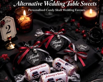 Personalised Candy Skulls Wedding Favours - Gothic Day of the Dead Sweets, alternative.