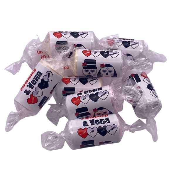 Personalised Love Heart Sweets Alternative Wedding Engagement Favours Candy Skulls Day of the Dead Red & Black