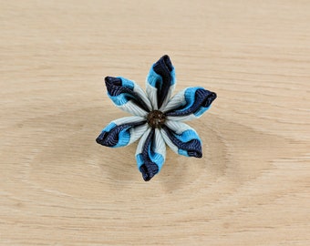Navy Blue/Light Blue Kanzashi Flower Lapel Pin with Swarovski Silver Night Crystal/Lapel Flower/Mens Lapel Flower/Wedding Accessories/Brooch