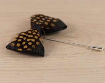 Feather Lapel Pin/Pheasant Inspired Lapel Pin/ Black/Beige Bowtie Lapel Pin/Lapel Pin/Lapel Flower/Mens Lapel Flower/Wedding Accessories