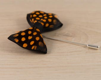 Feather Lapel Pin/Pheasant Inspired Lapel Pin/ Black/Orange Bowtie Lapel Pin/Lapel Pin/Lapel Flower/Mens Lapel Flower/Wedding Accessories