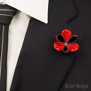 Black&Red Kanzashi Flower Lapel Pin with Swarovski Silver Night Crystal/Lapel Pin/Lapel Flower/Mens Lapel Flower/Wedding  Accessories/Brooch
