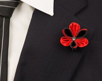 Black&Red Kanzashi Flower Lapel Pin with Swarovski Silver Night Crystal/Lapel Pin/Lapel Flower/Mens Lapel Flower/Wedding  Accessories/Brooch