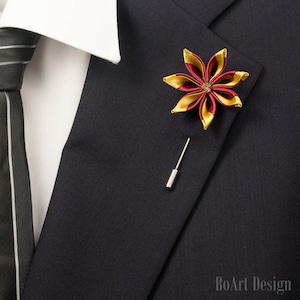 Bordeaux/Gold Kanzashi Flower Lapel Stick Pin with Swarovski Smoked Topaz Crystal/Lapel Pin/Lapel Flower/Men Lapel Flower/Wedding Accessorie
