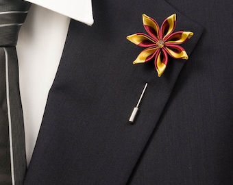 Bordeaux/Gold Kanzashi Flower Lapel Stick Pin with Swarovski Smoked Topaz Crystal/Lapel Pin/Lapel Flower/Men Lapel Flower/Wedding Accessorie