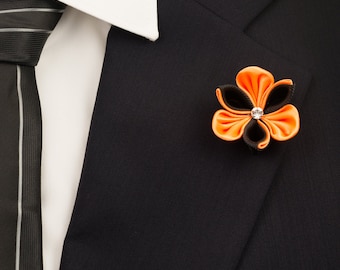 Neon Orange&Black Kanzashi Flower Lapel Pin with Swarovski Silver Night Crystal/Lapel Pin/Lapel Flower/Men Lapel Flower/Wedding  Accessories