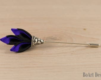 Indigo and Black Kanzashi Flower Lapel Stick Pin/Scepter Lapel Pin/Lapel Flower/Mens Lapel Flower/Wedding Accessories