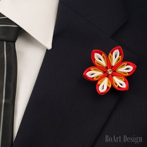 Lapel Pin/Red/White/Gold Kanzashi Flower Lapel Pin/Swarovski Topaz Crystal/Lapel Flower/Mens Lapel Flower/Wedding Accessories/Holiday Pin