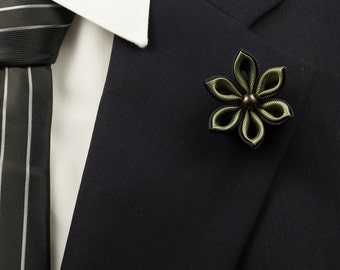 Black/Sea Green Kanzashi Flower Lapel Pin with Swarovski Deep Brown Pearl/Lapel Pin/Lapel Flower/Mens Lapel Flower/Wedding Lapel Pin/Brooch