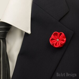 Lapel Pin/Mini Coral Red Kanzashi Flower Lapel Pin with Swarovski Silver Night Crystal/Lapel Flower/Mens Lapel Flower/Wedding Accessories