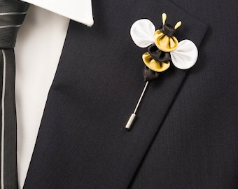 Cute Bee Inspired/Black/Gold/White Color Kanzashi Flower Lapel Stick Pin/Lapel Pin/Lapel Flower/Men Lapel Flower/Wedding Accessories/Brooch