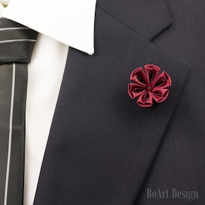 Bordeaux Kanzashi Flower Lapel Pin with Swarovski Siam Crystal/Lapel Pin/Lapel Flower/Mens Lapel Flower/Wedding Accessories/Brooch