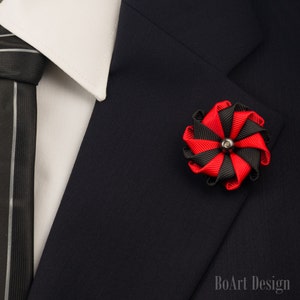 Lapel Pin/Red/Black Kanzashi Flower Lapel Pin/Hematite Natural Stone Bead/Lapel Flower/Mens Lapel Flower/Wedding Accessories