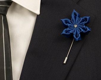 Navy Blue Kanzashi Lapel Stick Pin with Swarovski Silver Night Crysta/Lapel Flower/Men Lapel Flower/Wedding Accessories/Brooch