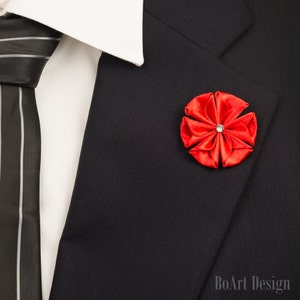 Red Kanzashi Flower Lapel Pin with Swarovski Silver Night Crystal/Lapel Pin/Lapel Flower/Mens Lapel Flower/Wedding  Accessories/Brooch