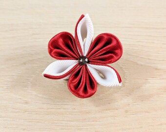 Red&White Kanzashi Flower Lapel Pin / Swarovski Silver Night Crystal/Lapel Pin/Lapel Flower/Mens Lapel Flower/Wedding Accessories/Brooch