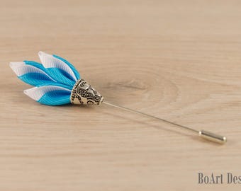 LIght Blue and White Kanzashi Flower Lapel Stick Pin/ Scepter Lapel Pin/Lapel Flower/Mens Lapel Flower/Wedding Accessories