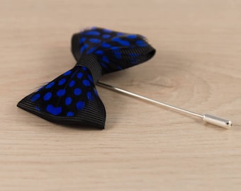 Feather Lapel Pin/Pheasant Inspired Lapel Pin/ Black/Royal Blue Bowtie Lapel Pin/Lapel Pin/Lapel Flower/Men Lapel Flower/Wedding Accessories
