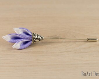 Light Purple and White Kanzashi Flower Lapel Stick Pin/ Scepter Lapel Pin/Lapel Flower/Mens Lapel Flower/Wedding Accessories