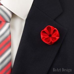 Red Kanzashi Flower Lapel Pin with Swarovski Siam Crystal/Lapel Pin/Lapel Flower/Mens Lapel Flower/Wedding  Accessories/Brooch