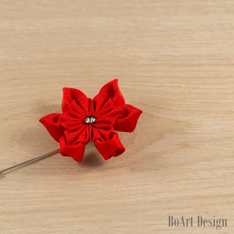 Red Kanzashi Lapel Stick Pin With Swarovski Silver Night Crysta/lapel