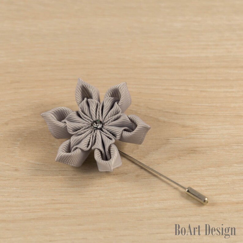 Gray Kanzashi Lapel Stick Pin With Swarovski Silver Night Etsy