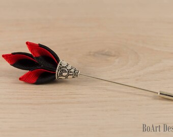 Red and Black Kanzashi Flower Lapel Stick Pin/ Scepter Lapel Pin/Lapel Flower/Mens Lapel Flower/Wedding Accessories