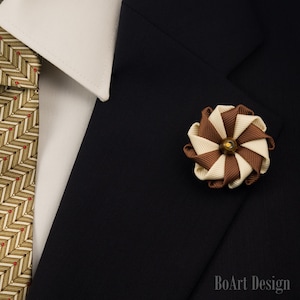 Lapel Pin/Brown/Misty Rose Kanzashi Flower Lapel Pin/Tiger Eye Natural Stone /Lapel Flower/Mens Lapel Flower/Wedding Accessories