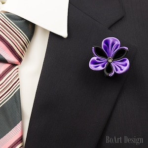 Black&Purple Kanzashi Flower Lapel Pin / Swarovski Silver Night Crystal/Lapel Pin/Lapel Flower/Mens Lapel Flower/Wedding Accessories/Brooch