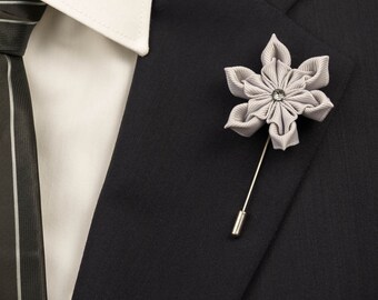 Gray Kanzashi Lapel Stick Pin with Swarovski Silver Night Crysta/Lapel Flower/Men Lapel Flower/Wedding Accessories/Brooch