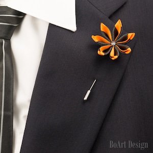 Black/Orange Kanzashi Flower Lapel Pin with Swarovski Silver Night Crystal/Lapel Pin/Lapel Flower/Men Lapel Flower/Wedding Accessory/Brooch