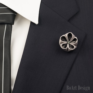 Lapel Pin/Mini Gray/Black Lace Kanzashi Flower Lapel Pin with Swarovski Silver Night Crystal/Mens Lapel Flower/Wedding Accessories